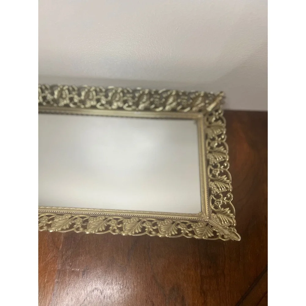Vintage Mirror Vanity Tray Gold Filigree Metal Ornate Rectangular 16